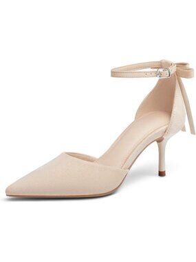 Women's Nude Kitten Low Heels Closed Pointed Toe Pumps Bow Ankle Strap Shoes